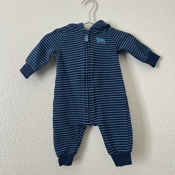 Carter’s stripe bear ear bunting hoodie zip one piece navy blue - Picture 1 of 5